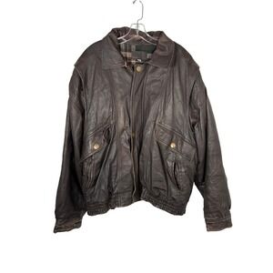 Vintage 90s Spirito Brown Leather Bomber Jacket Plaid Flannel Distressed Coat L